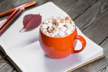 Cocoa with marshmallows in orange cup on wooden table