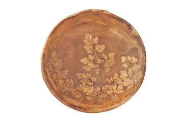 Clay handmade is isolated on a white background. Ceramic products with drawings and patterns.