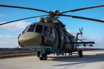 Fototapeta na wymiar Russian military transport helicopter MI-8MTSh. Name on NATO codification: - Hip.
