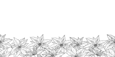 Endless border with beautiful hand drawn poinsettias in lineart stile.