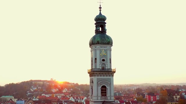 Aerial view of the inner city of Freising during sunset, Bavaria, Germany