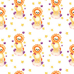 watercolor seamless raster pattern with a picture of a cute lion cub with flowers on a cloud surrounded by stars