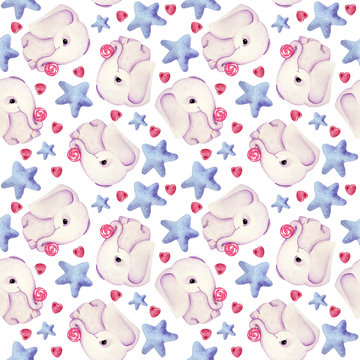 watercolor seamless raster pattern with the image of a cute baby elephant with a candy surrounded by stars