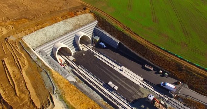 Aerial view to new tunnel on railroad construction site near Pilsen. Building of new high speed track from Czech Republic to Germany. 