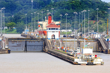 Pedro Miguel Locks at Panama Canal, Ship in Lock. Panama