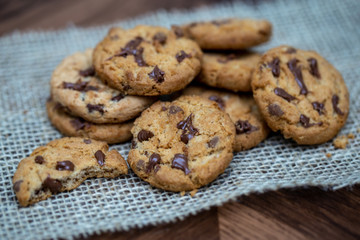 Cookie with chocolate drops, macro picture of cookie in details