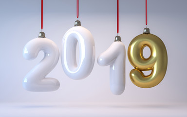 New Year's Number 2019 in the form of Christmas tree toys. 3d render