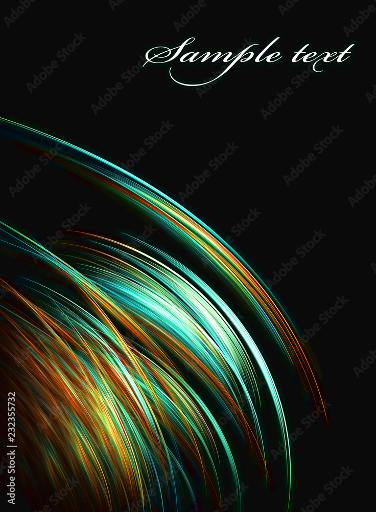 Poster abstract template with aquamarine and tawny curved lines on black background