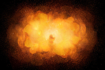 Realistic bomb explosion, orange color with sparks isolated on black background - obrazy, fototapety, plakaty