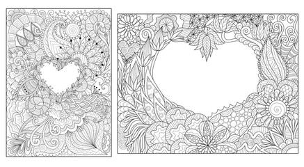 Florals lay in heart shape for cards and coloring book page. Vector illustration