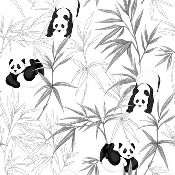 Seamless pattern, background. with pandas and bamboo