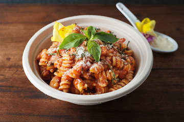 Pasta with bolognese sauce in ecobowl
