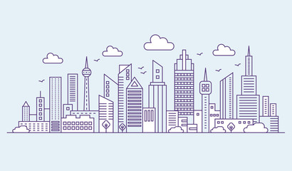 Fototapeta premium Line modern urban big city on blue background panorama. Outline cityscape skyscrapers vector illustration.
