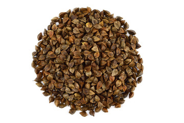 A Pile of Sprouting (in Hull) Buckwheat Seed. Top-Down View. Isolated on White Background.