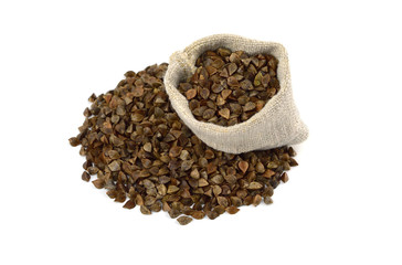 Buckwheat Sprouting (in-Hull) Seed in a Sack Bag. Isolated on White Background.