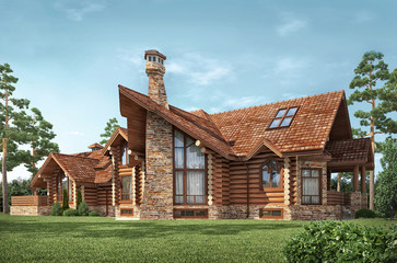 residential log house project rendering  in Russia 