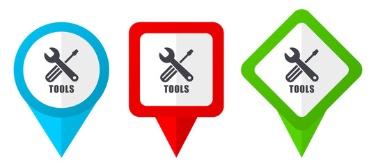 Tools sign red, blue and green vector pointers icons. Set of colorful location markers isolated on white background easy to edit