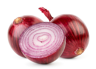 Two red onions and half close up on a white. Isolated.