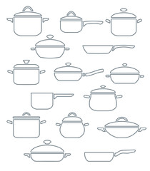 Vector set of kitchen utensils. Collection outline pots and pans with lids.