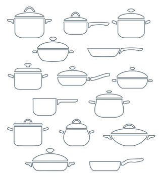 Vector set of kitchen utensils. Collection outline pots and pans with lids.