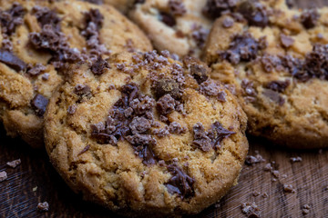 Details of a cookie with many drops of creamy and crunchy chocolate. Chocolate cookies.