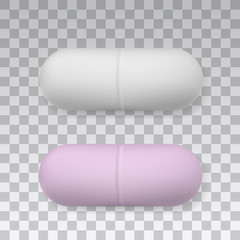 Medicaments top view vector of a white and pink oval pill on transparent background.