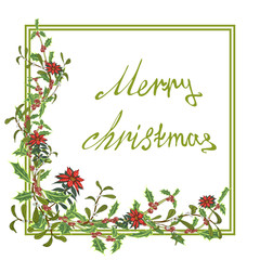 Christmas card, banner with a wreath of red poinsettia flowers, mistletoe with a bell and a bow.