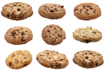 Chocolate chip cookies, isolated on white background, in high resolution for advertising use.