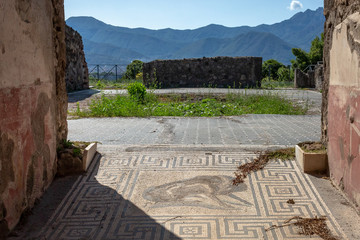Looking out on to a mosaic roman floor with mountains in the backgroud - 232365537