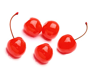 Maraschino cherries isolated on white background - obrazy, fototapety, plakaty