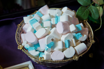 Heap of Closed up Pastel Colored Marshmallows. Colorful marshmallows candy in bowl. White and Blue Marshmallows.