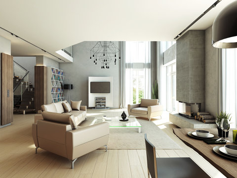 modern interior of a living room 3D rendering