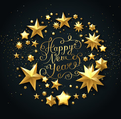 Happy New Year card with golden shiny stars.