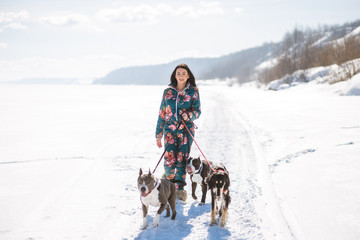 Cheerful woman owner walking with her dogs outdoors on snow in sunny winter day