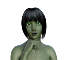 Illustration of a green large eyes alien female with a thoughtful expression