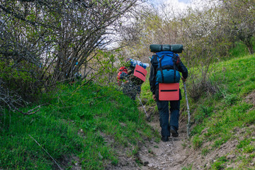 Hikers group trekking in Crimea, Ukraine mountains