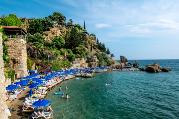 View of the Marina and beach in the old town of Kaleici in Antalya .