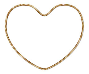 Yellow brown rope, heart shaped border, vector frame isolated on white background