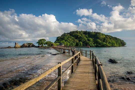 Wooden walkway to the restaurant island at Bom Bom Resort, Principe Island, Sao Tome and Principe