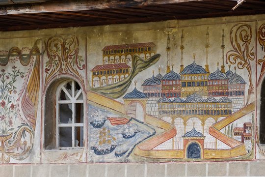Paintings on the outside facade of the bachelor mosque, Xhamia e Beqarve, Berat, Qark Berat, Albania, Europe