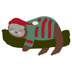 This is a little sloth in a Christmas hat. On the tree. Vector, icon for the Christmas holidays.