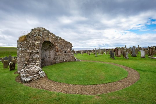 The ruin of Saint Nicholas, built in 11th century and the only medieval round church in the United Kingdom, Orphir, Orkney, Scotland, United Kingdom, Europe