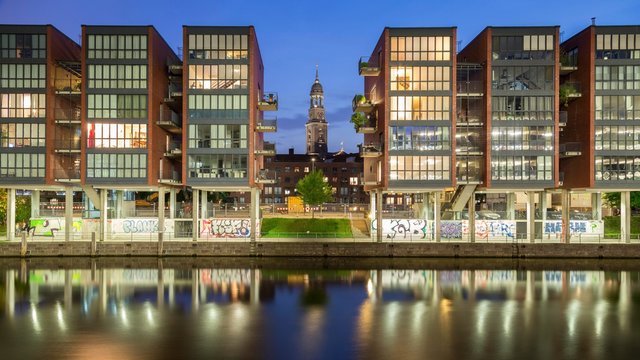 Refurbished warehouses at Alsterfleet, behind church St. Michaelis, Michel, Alster, Hamburg, Germany, Europe