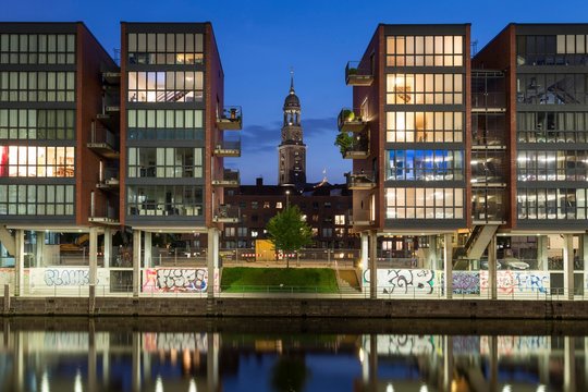 Refurbished warehouses at Alsterfleet, behind church St. Michaelis, Michel, Alster, Hamburg, Germany, Europe