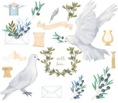 Pigeon and olive Antique Post set clip art digital drawing watercolor bird fly peace dove for wedding celebration illustration similar on white background