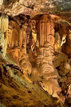 Stalactites and stalagmites have merged into a pillar, karst cave, Postojna, Slovenia, Europe
