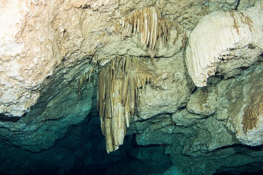 Drooping stalactites in the Cenote Tajma Ha underwater cave, Playa del Carmen, Quintana Roo, Mexico, Central America