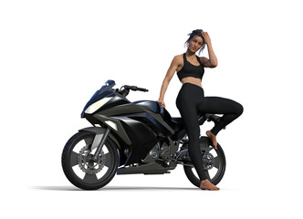 Plakat Illustration of a woman standing next to a motorcycle