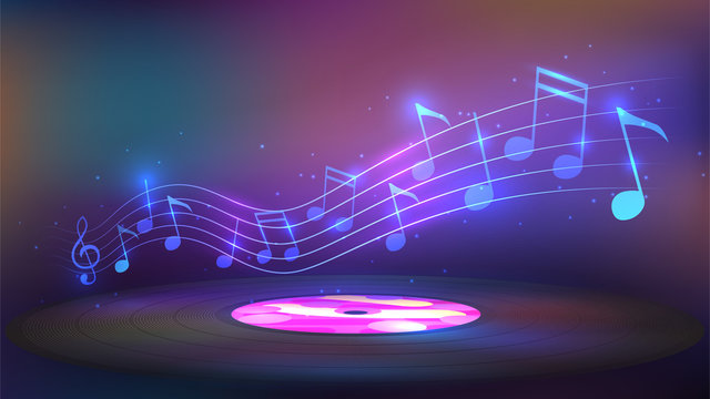 Music, vinyl record and glowing notes, pop music and disco, dj, party