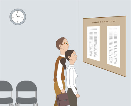 Guy and girl show to the exam results on the wall.
